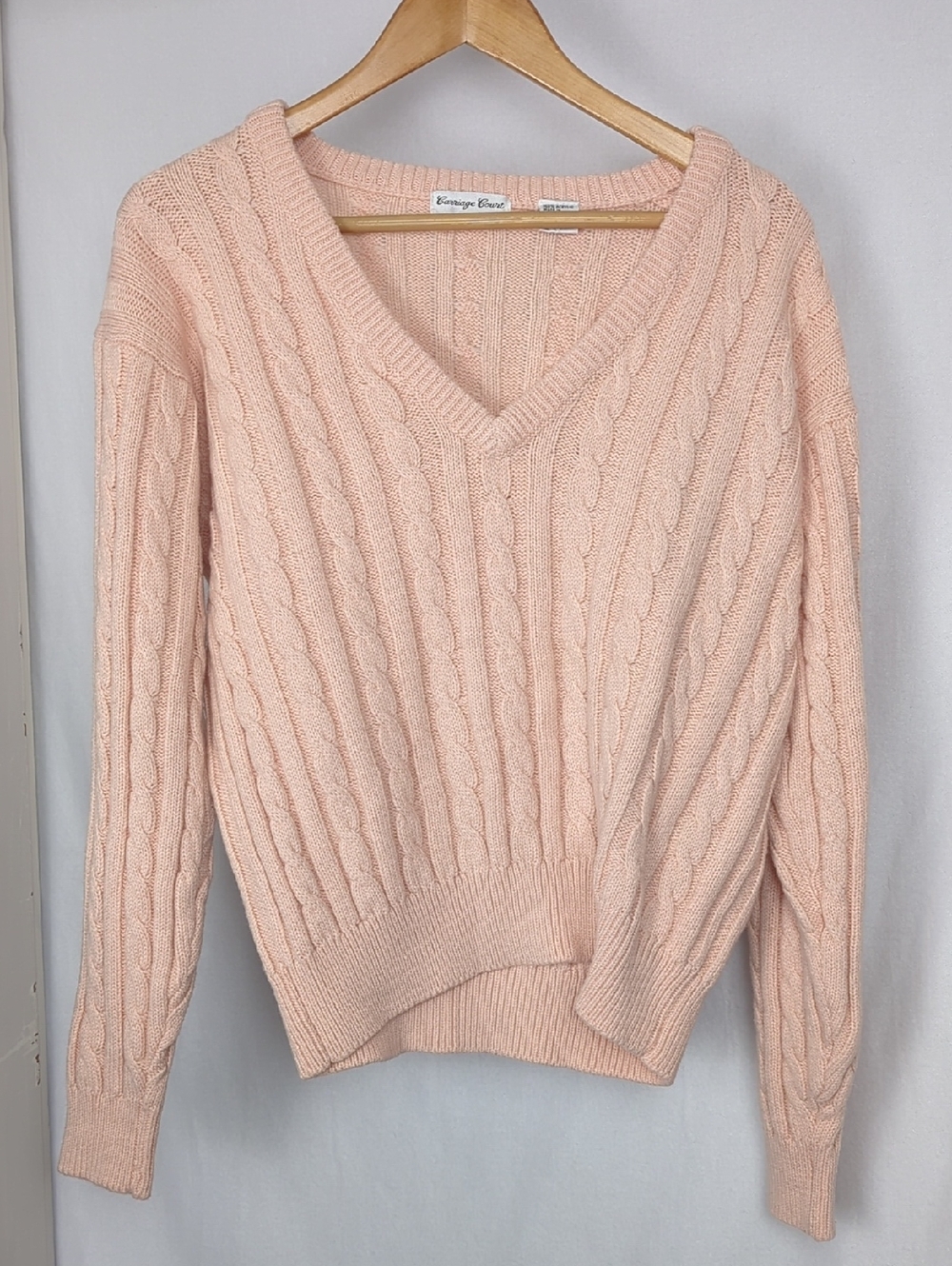 VINTAGE Carriage Court Pale Pink V-Neck Varsity Cable Knit Sweater